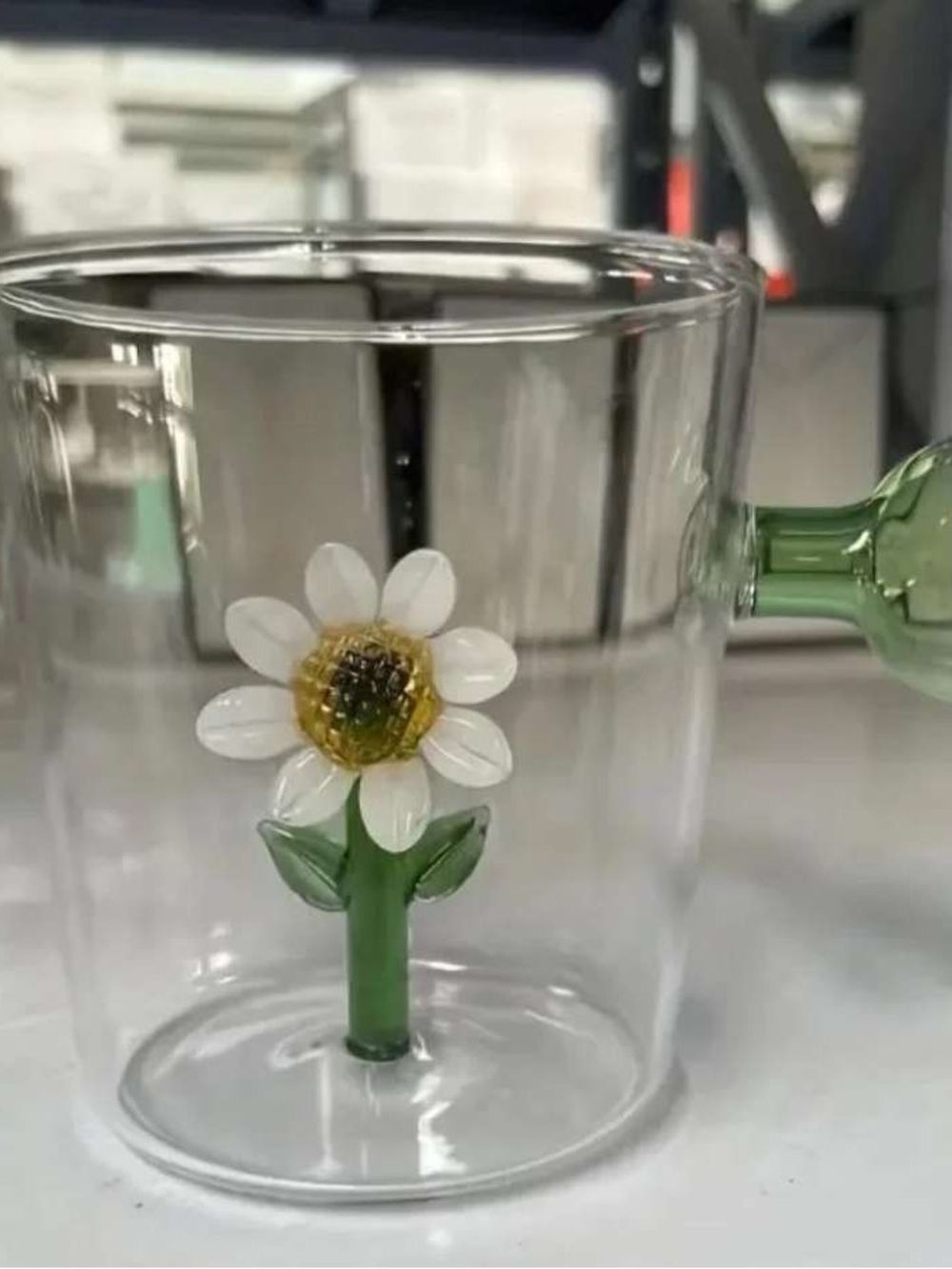 Clear Glass Daisy Accent Mug with Green Stem Handle
